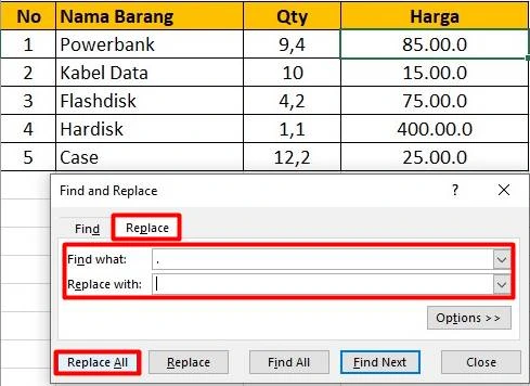 Cara Menghilangkan Titik di Excel